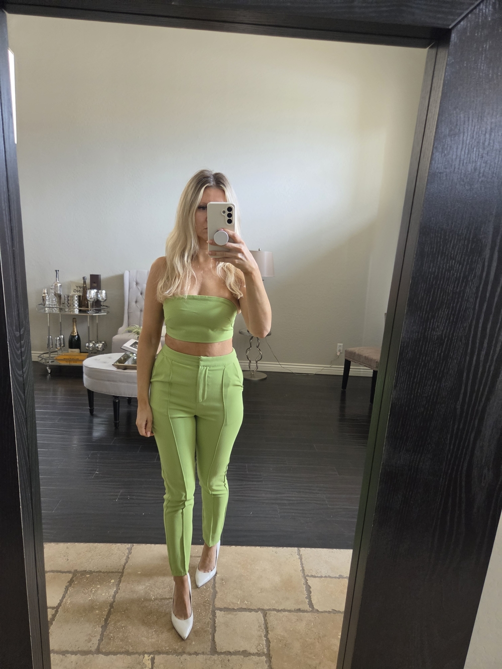 superdown Lime Green High-Waist Skinny Pants with Matching Crop Top